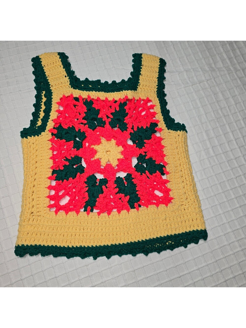 VTG 70s Charlies Girls Crochet Vest Granny Square Crop Tank XXS XS Boho